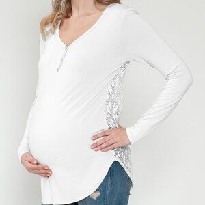 Maternity White V-Neck Long Sleeve See-Through Back Lace Top